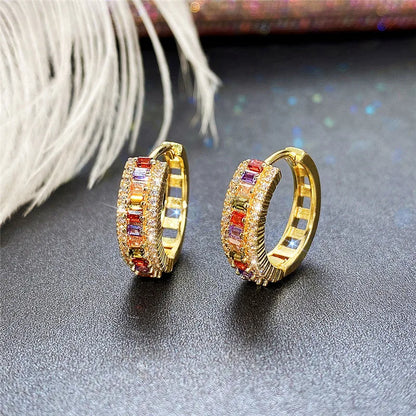 Gold 18K Hoop Earrings with Rainbow Stones